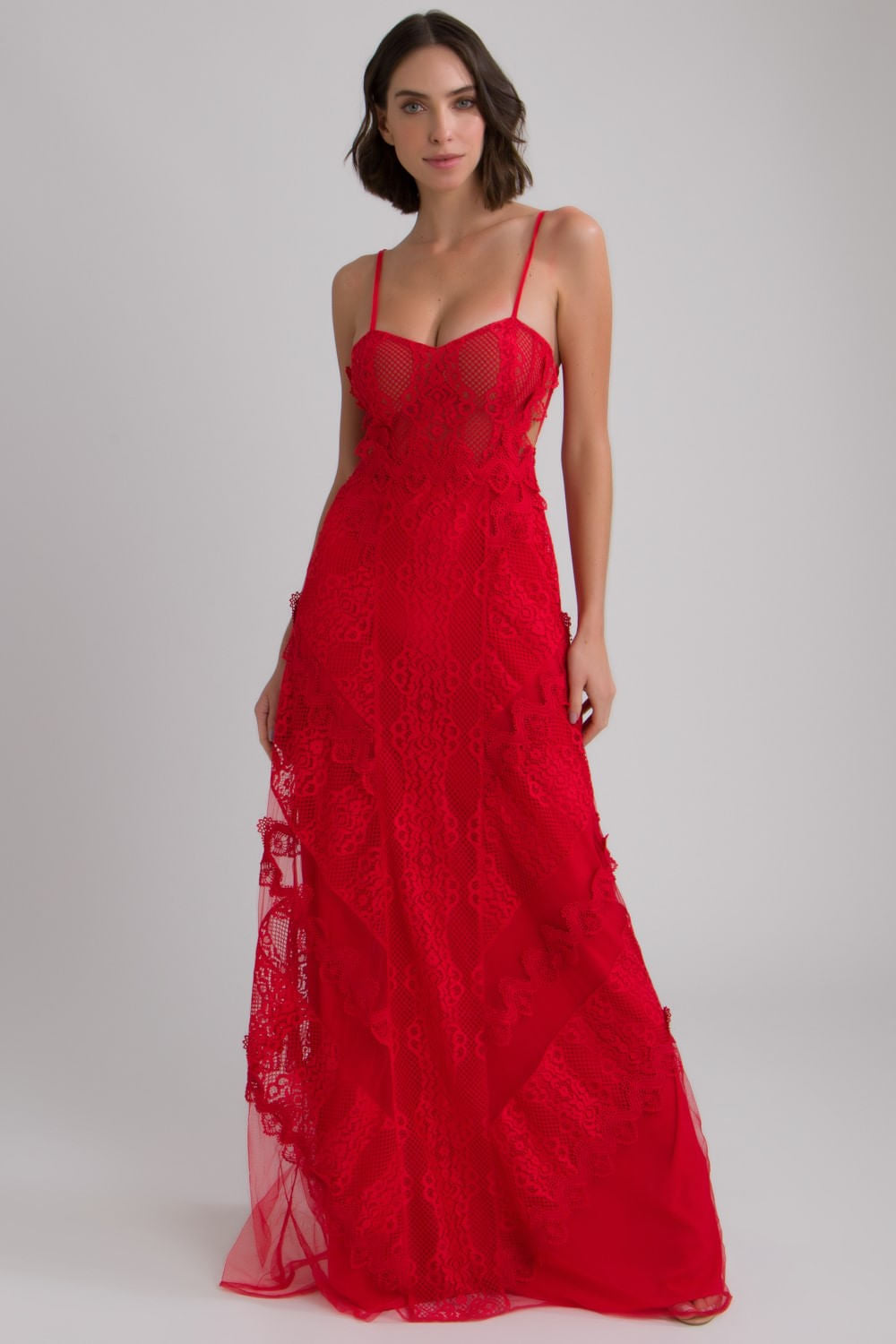 VESTIDO LONGO TULE RENDA VAZADA VERMELHO
