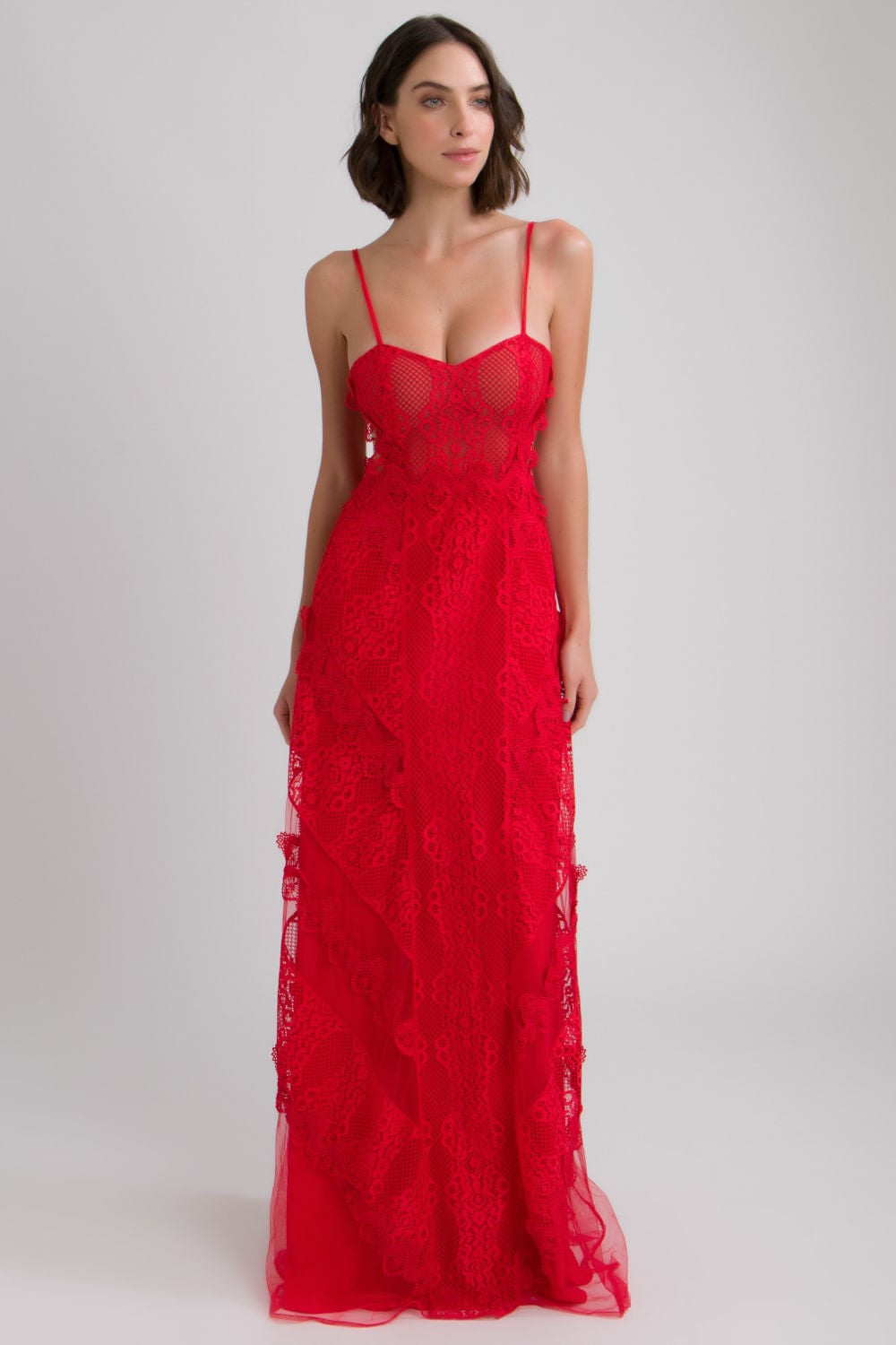 VESTIDO LONGO TULE RENDA VAZADA VERMELHO
