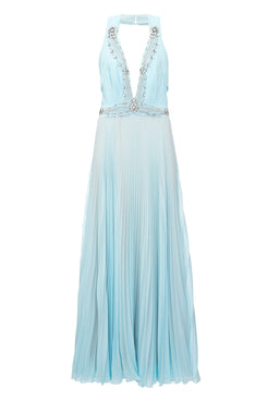 VESTIDO LONGO FRENTE ÚNICA PLISSADO AZUL CLARO