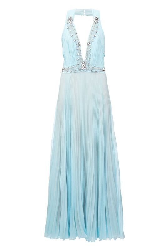 VESTIDO LONGO FRENTE ÚNICA PLISSADO AZUL CLARO