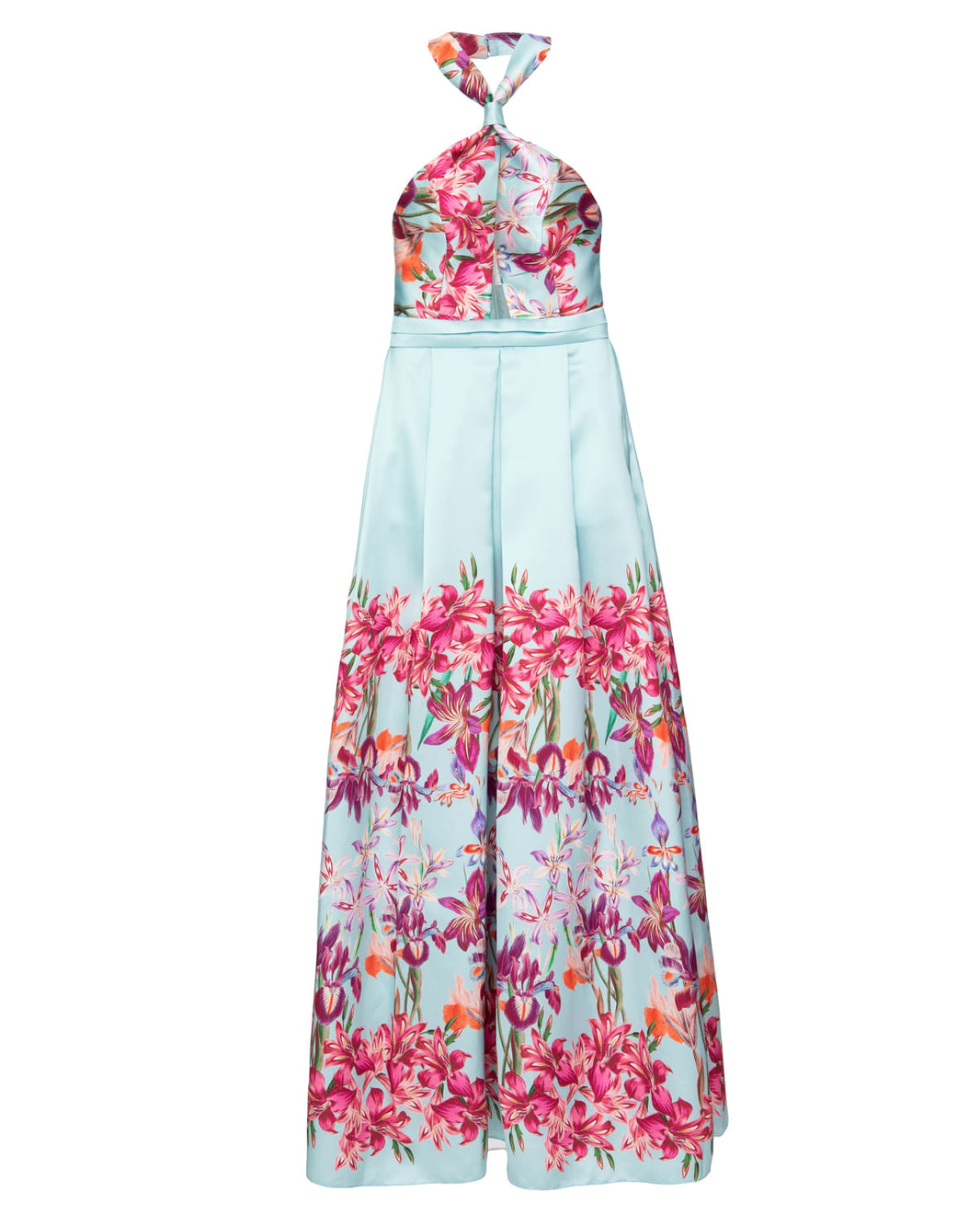 VESTIDO LONGO FRENTE ÚNICA BOLSOS FLORAL ORQUIDÁRIO AZUL