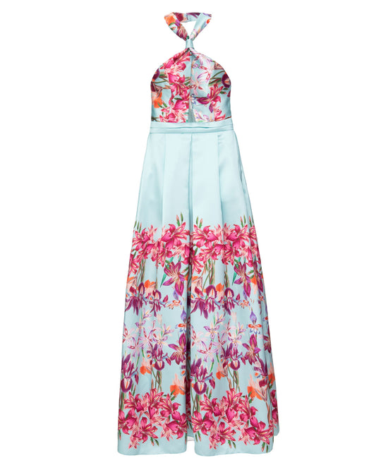 VESTIDO LONGO FRENTE ÚNICA BOLSOS FLORAL ORQUIDÁRIO AZUL