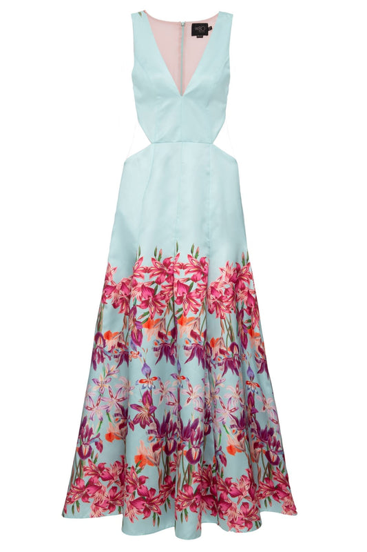 VESTIDO LONGO RECORTES ORQUIDÁRIO  AZUL