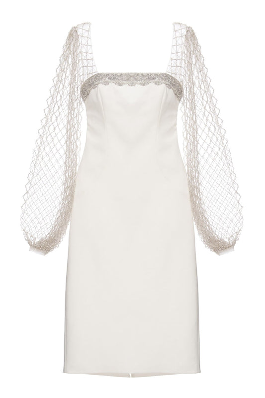 Vestido curto bordado manga longa off white