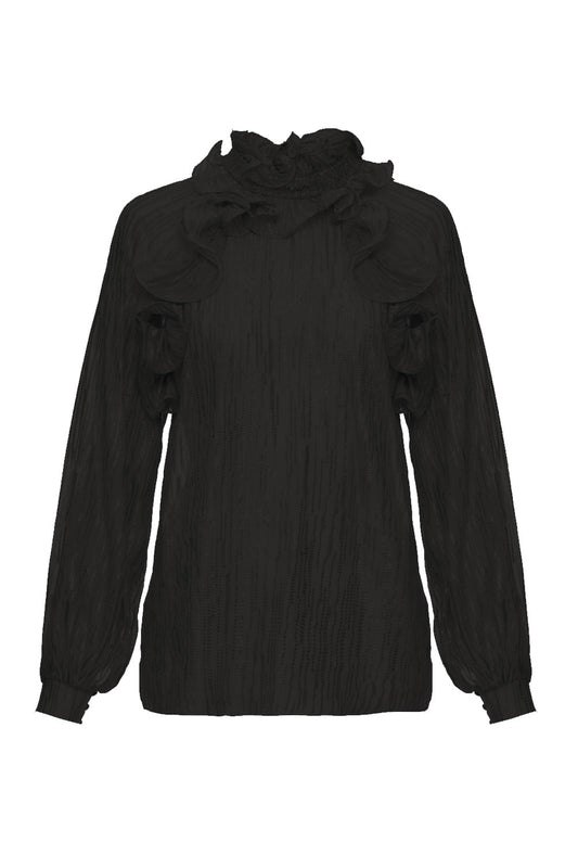 Blusa gola alta babados preto