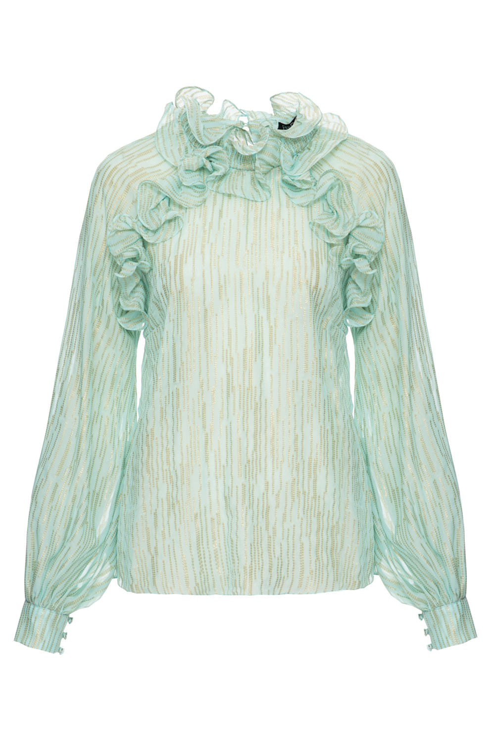 Blusa gola alta babados azul claro