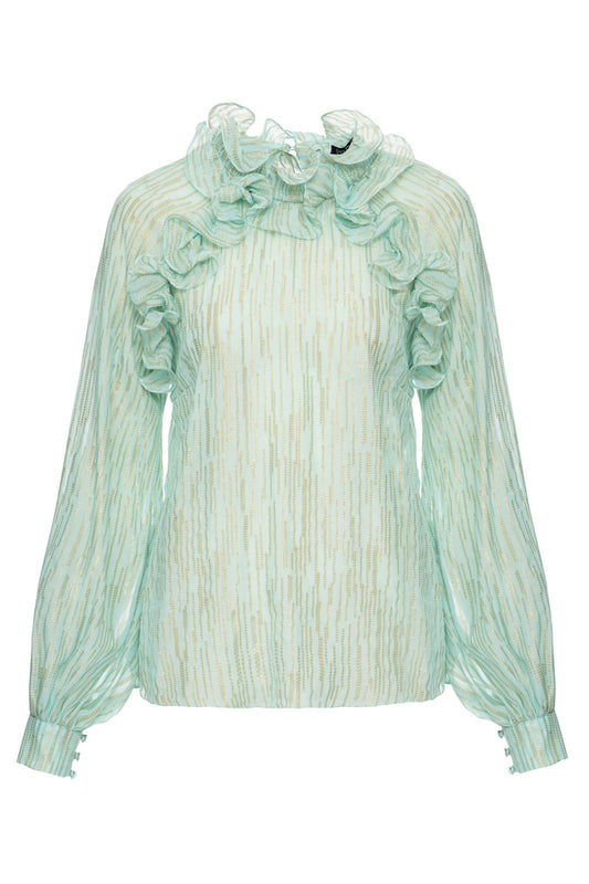 Blusa gola alta babados azul claro