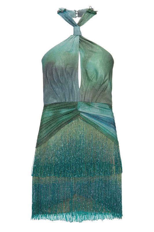 VESTIDO CURTO FRANJAS DEGRADÊ LISTRADO VERDE COM AZUL