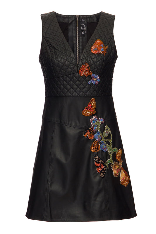 Vestido de couro bordado flores preto
