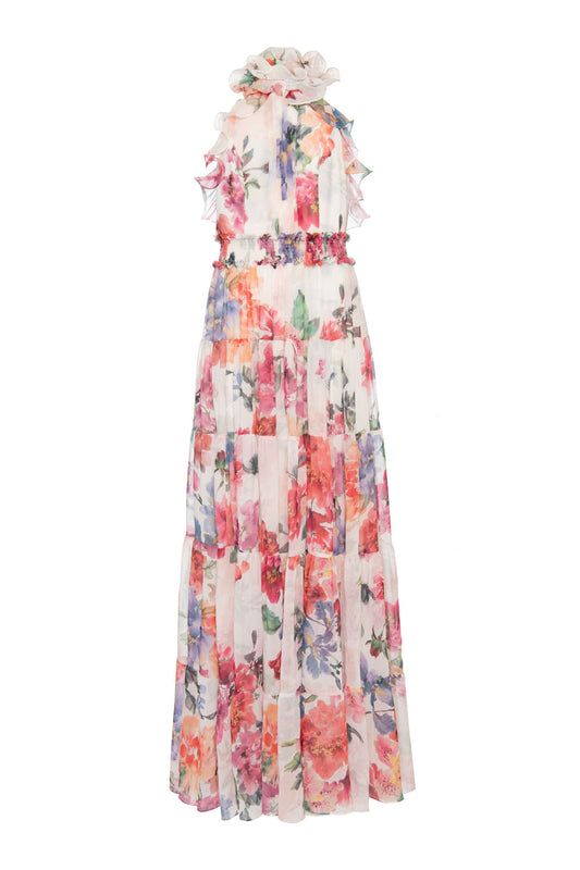 VESTIDO LONGO ESTAMPADO ORQUÍDEA AQUARELADA OFF WHITE