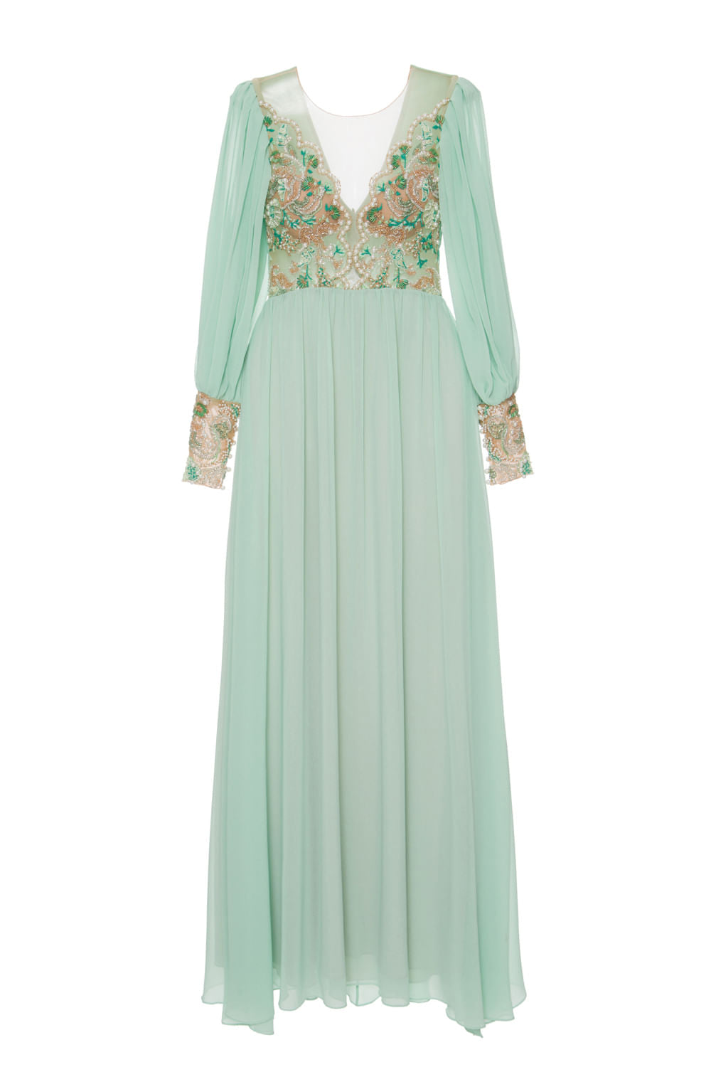 Vestido longo bordado verde
