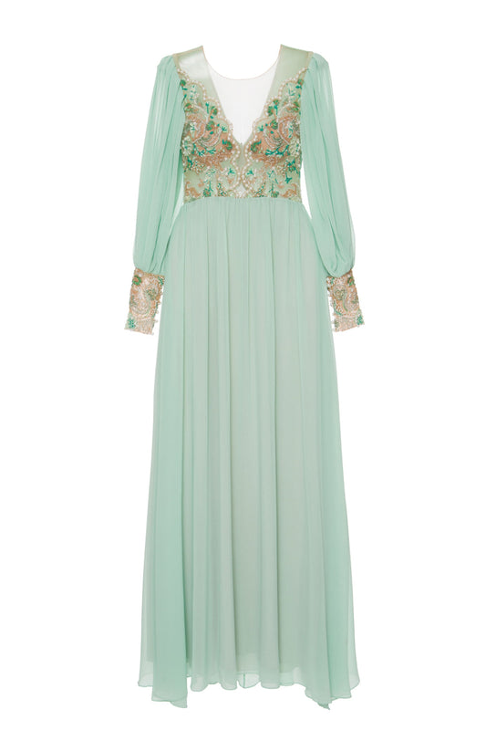 Vestido longo bordado verde