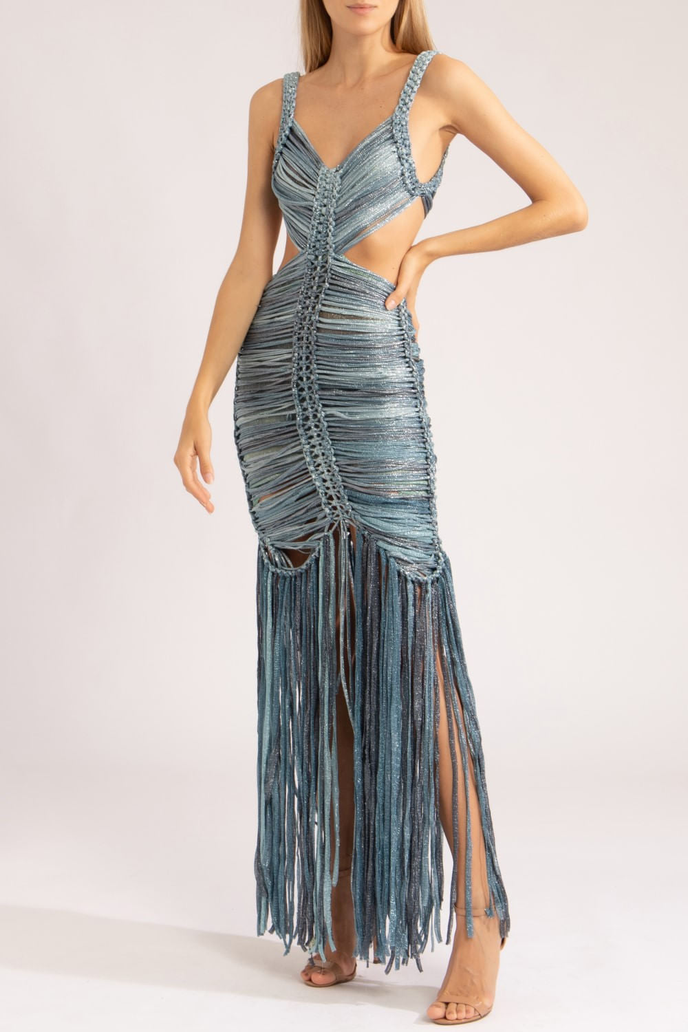 VESTIDO LONGO MACRAMÊ  AZUL