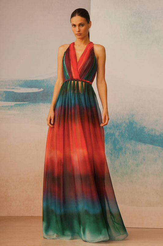 VESTIDO LONGO DECOTE DEGRADÊ SEREIA MULTICOR