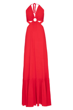 Vestido recortes argola vermelho