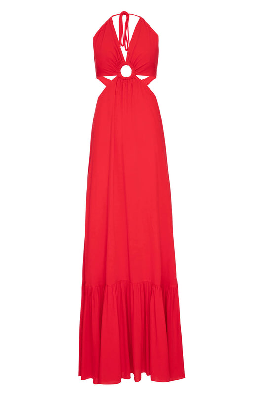 Vestido recortes argola vermelho