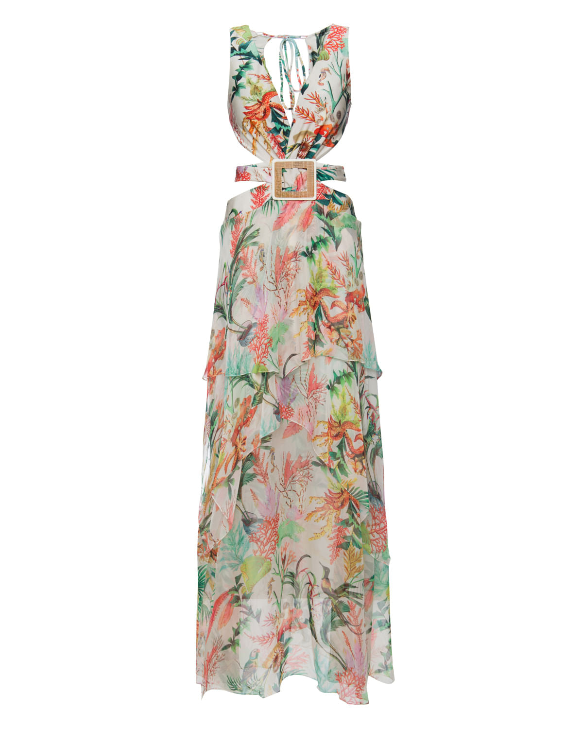 Vestido longo babados fivela marinha tropical off white