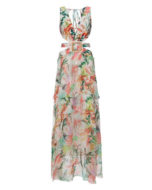 VESTIDO LONGO BABADOS FIVELA MARINHA TROPICAL OFF WHITE
