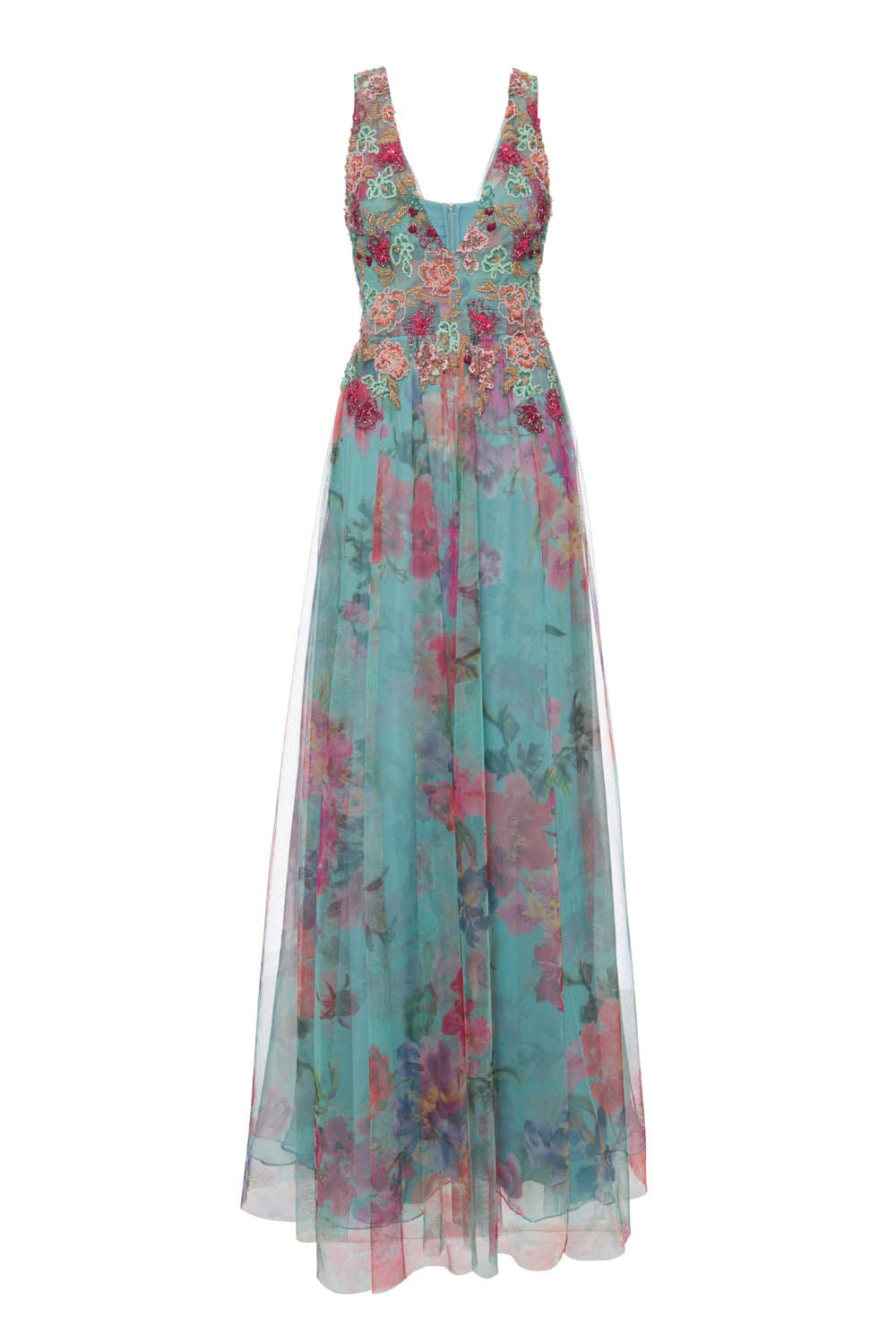 VESTIDO LONGO BORDADO ESTAMPADO ORQUÍDEA AQUARELADA AZUL