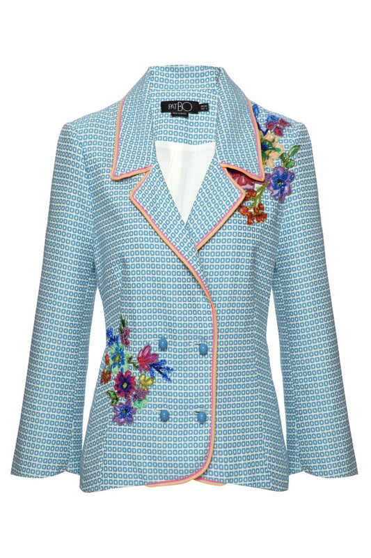 Blazer bordado vintage jacquard azul com off