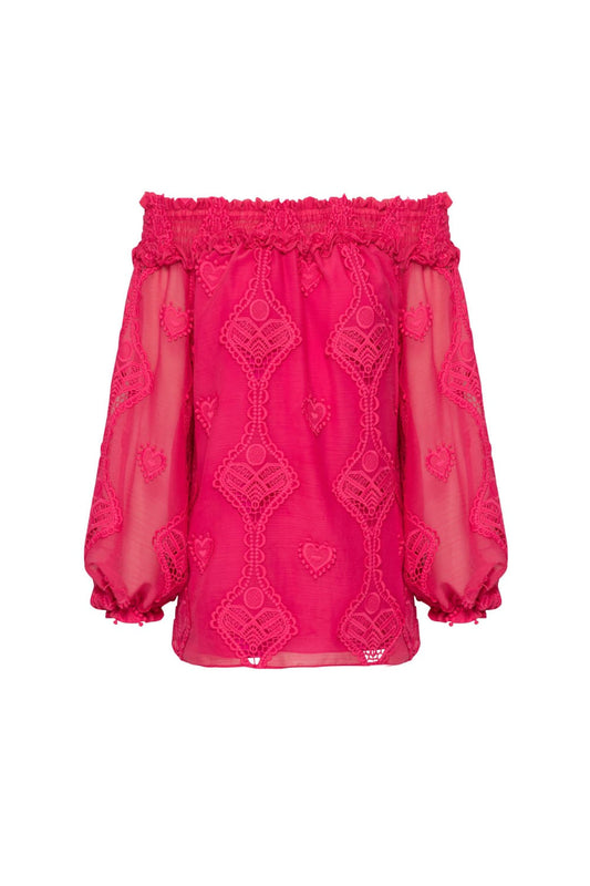 Blusa ciganinha bordado corações pink