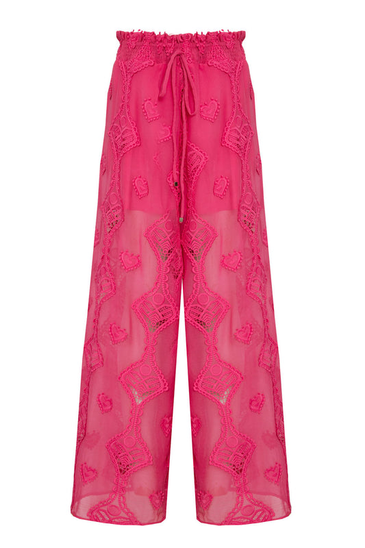 Calça ampla bordado corações pink