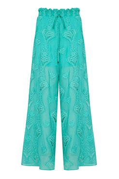 Calça ampla bordado corações tiffany