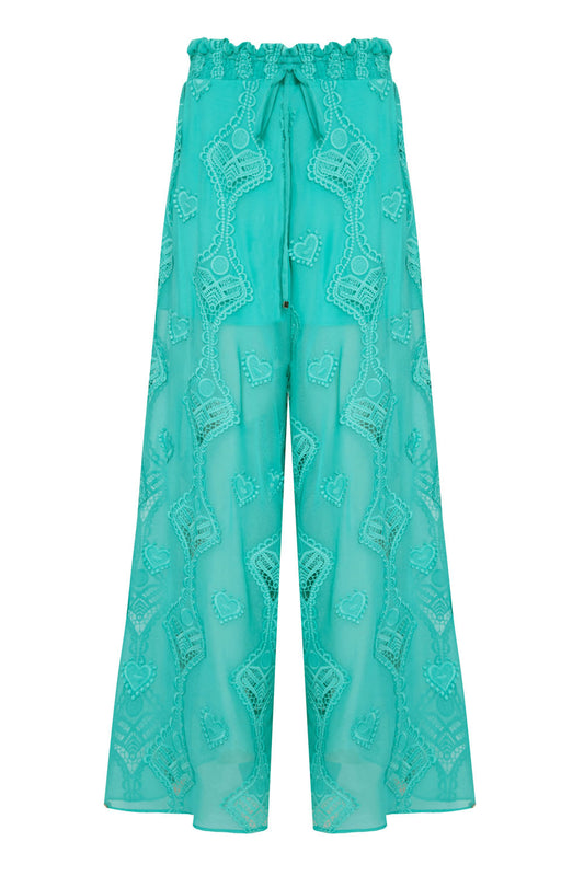 Calça ampla bordado corações tiffany