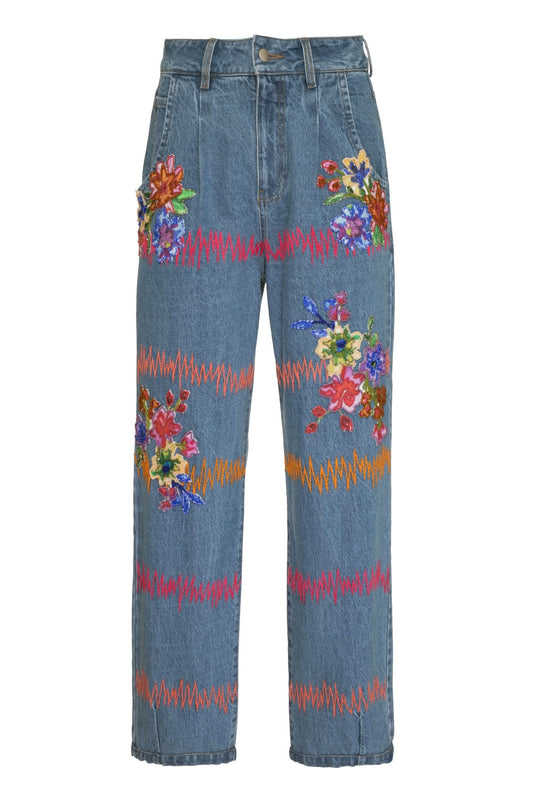 CALÇA BORDADA DENIM AZUL
