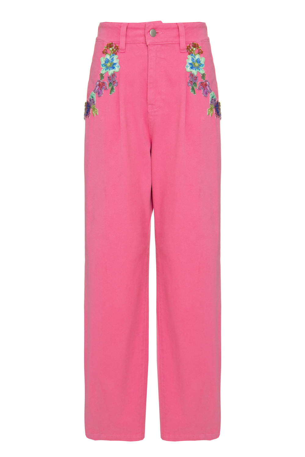 CALÇA RETA BORDADA COLOR DENIM  ROSA