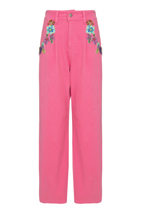 CalÃ§a reta bordada color denim  rosa