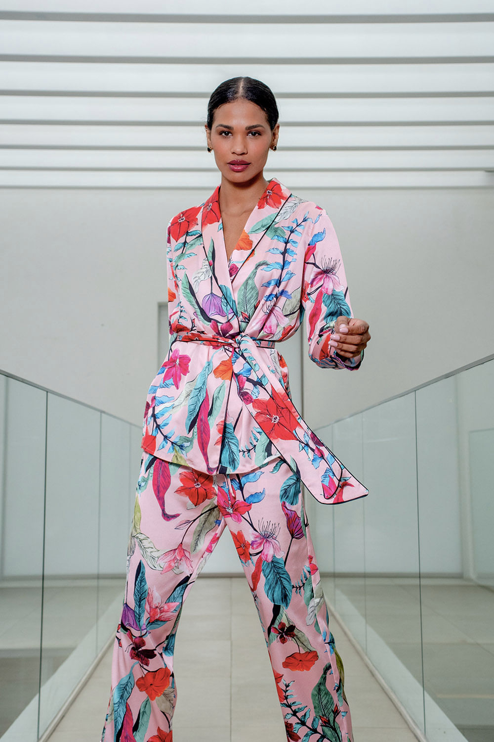 PIJAMA LONGO KIMONO ZAMIA LEAVES ROSA
