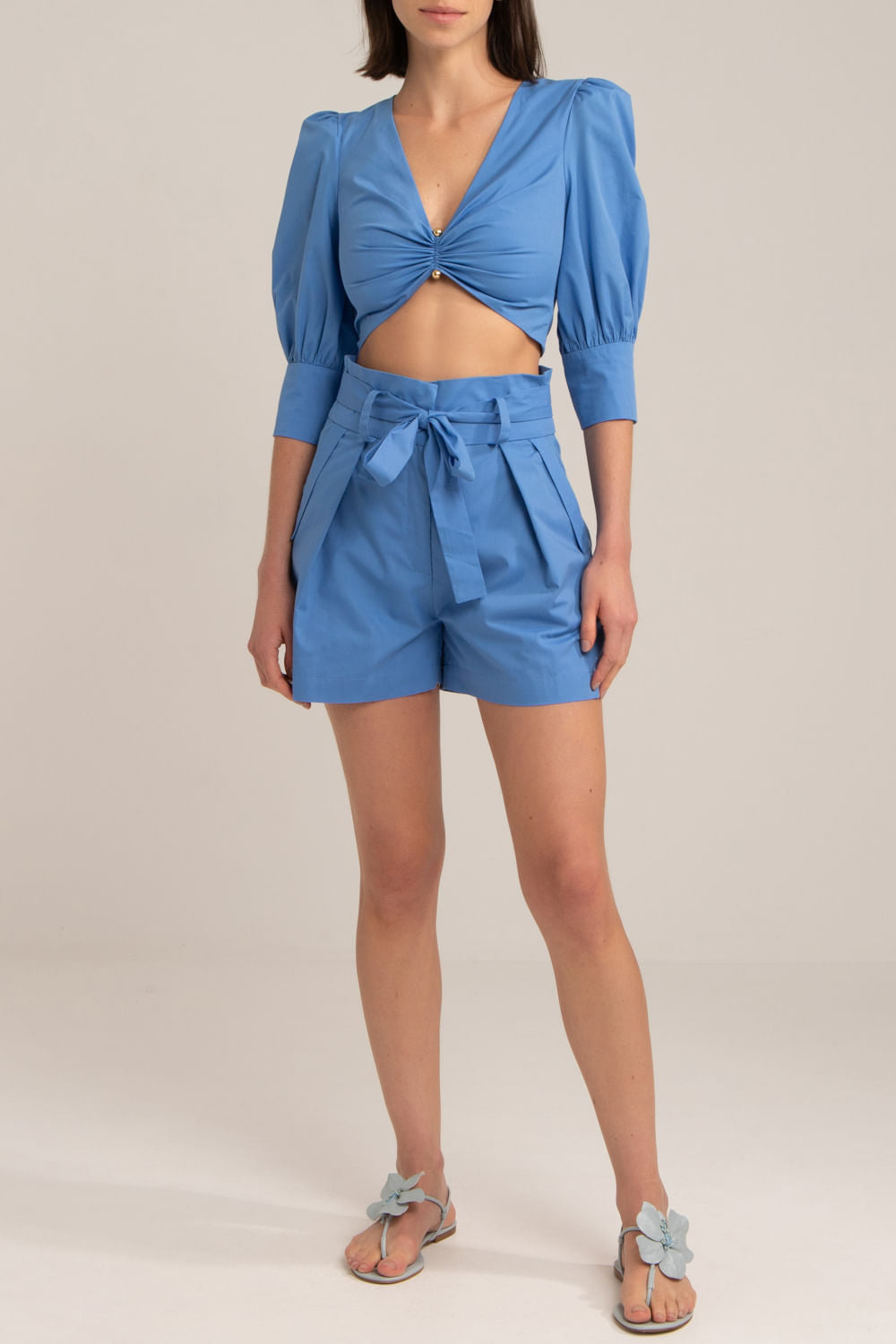 Top cropped tricoline retrô azul escuro
