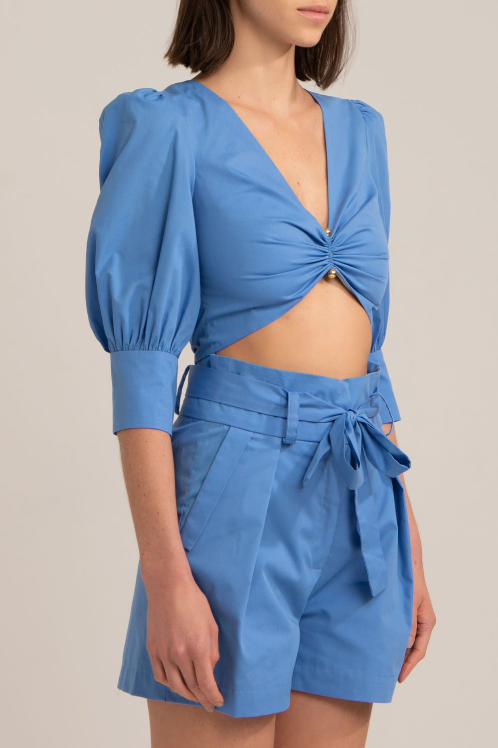 Top cropped tricoline retrô azul escuro