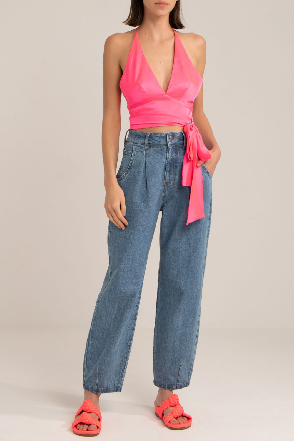 Top frente única cetim slip pink
