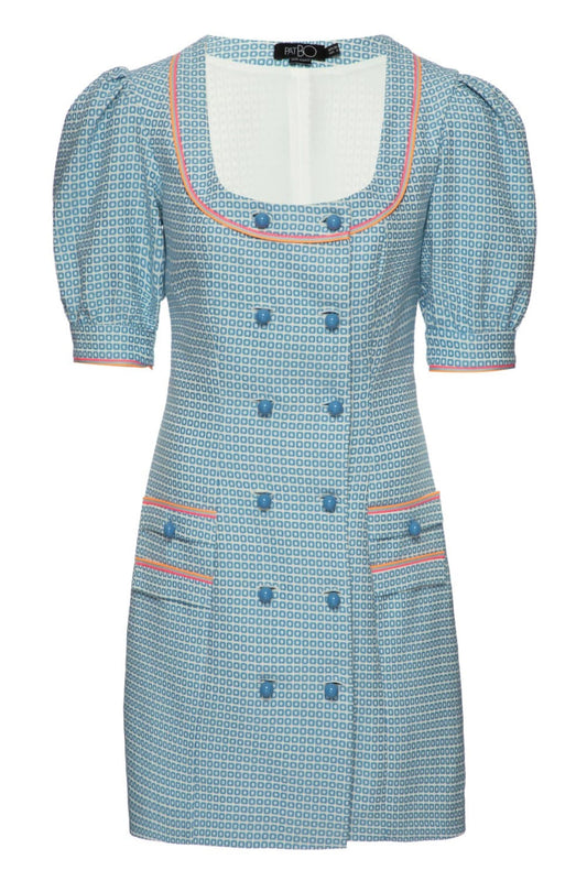 VESTIDO CURTO BOTÕES VINTAGE JACQUARD AZUL COM OFF