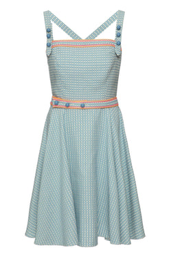Vestido curto cinto vintage jacquard azul com off