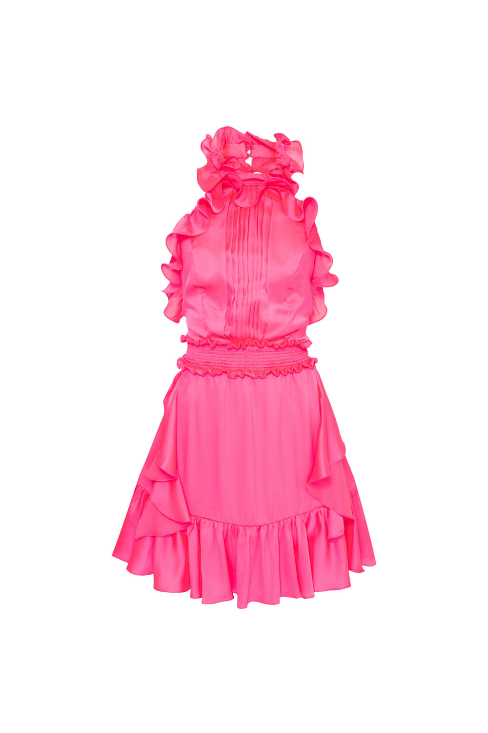VESTIDO CURTO BABADO FRENTE ÚNICA CETIM SLIP PINK