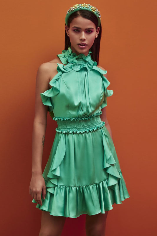 VESTIDO CURTO BABADO FRENTE ÚNICA CETIM SLIP AZUL