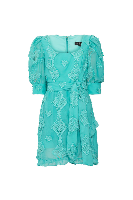 Vestido curto bordado corações azul