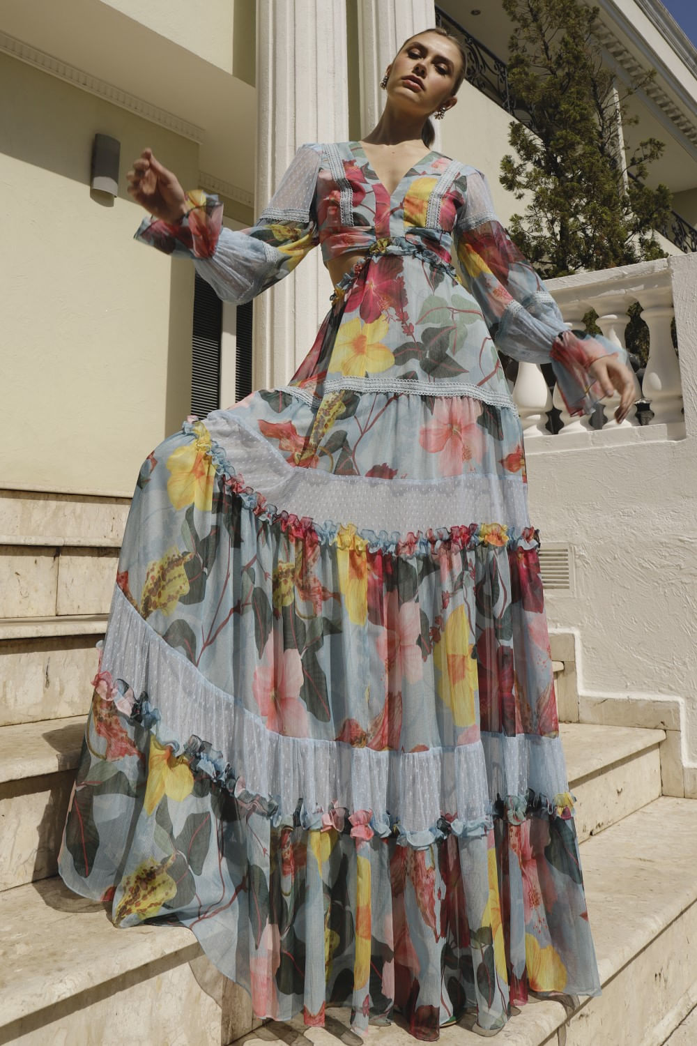 VESTIDO MANGA LONGA HIBISCUS AZUL