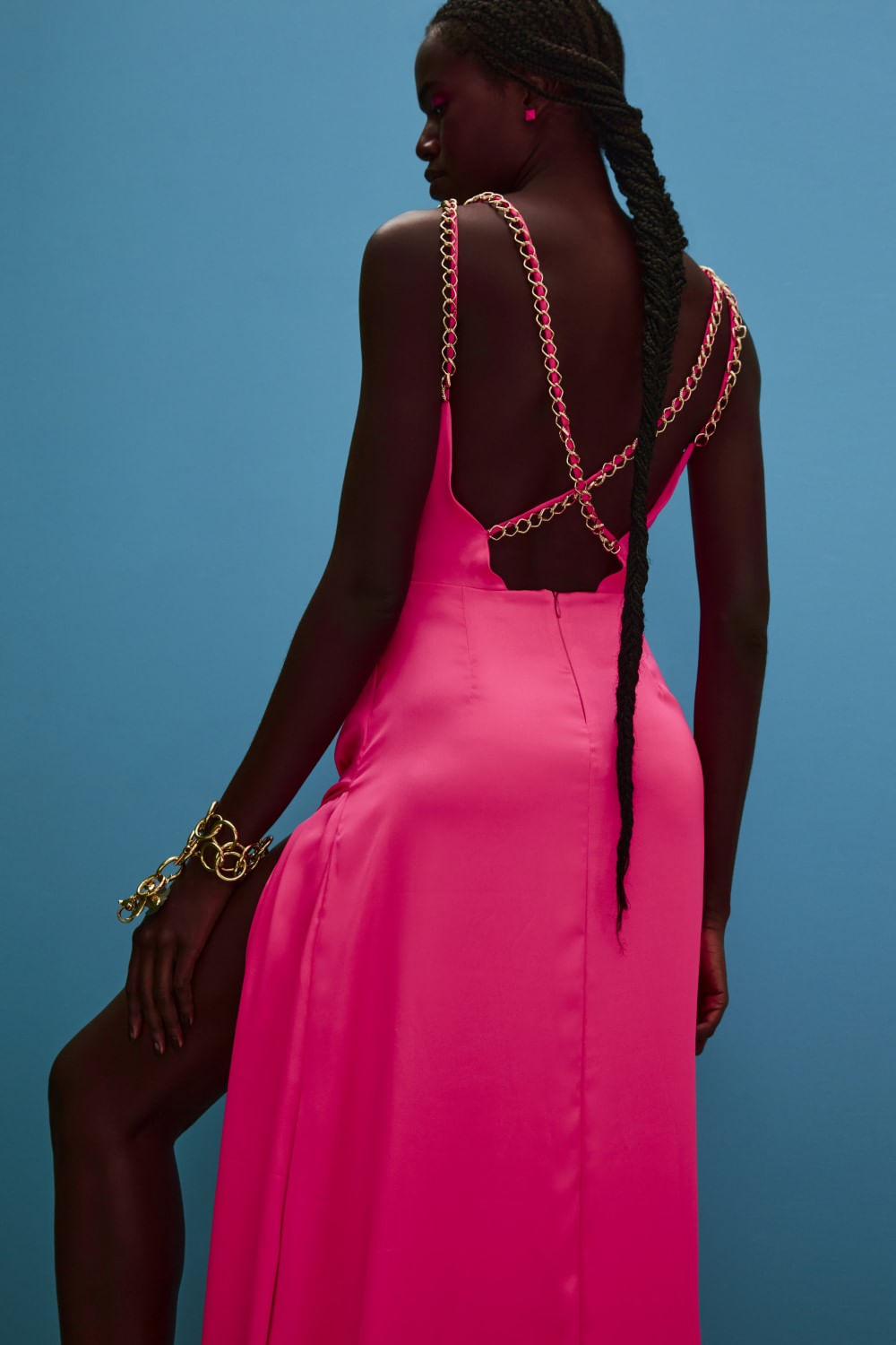 VESTIDO LONGO CORRENTE CETIM SLIP PINK