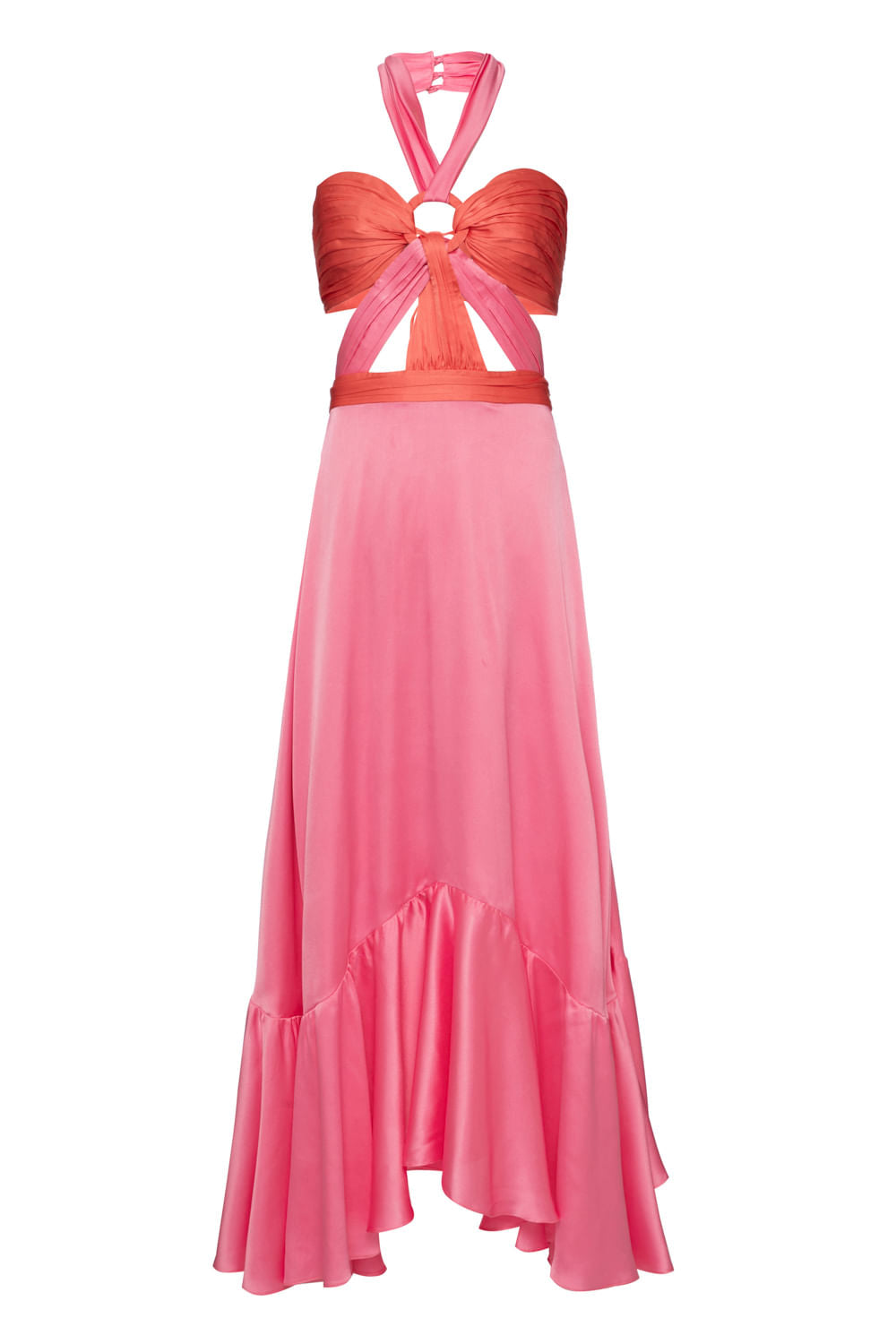 Vestido longo bicolor cetim slip rosa