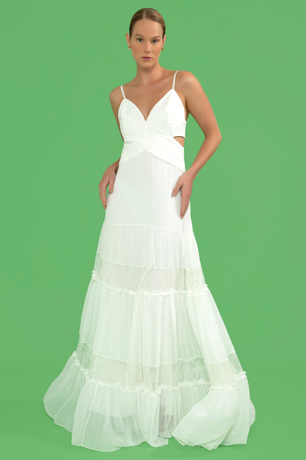 VESTIDO LONGO PREGAS CHIFFON BLOOMING  OFF WHITE