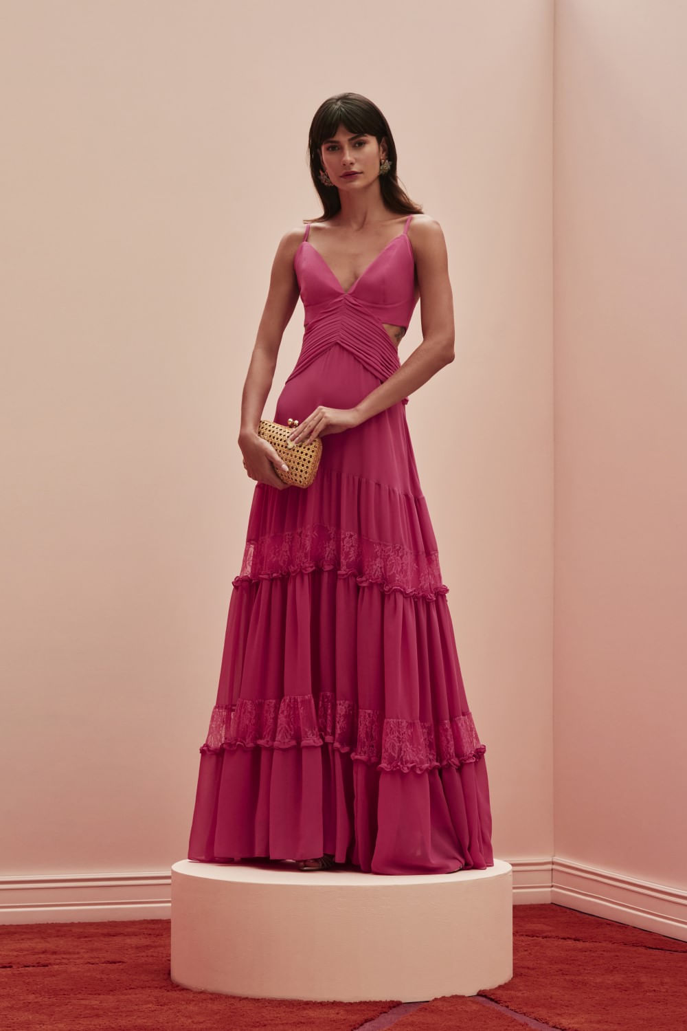 VESTIDO LONGO PREGAS CHIFFON BLOOMING  PINK