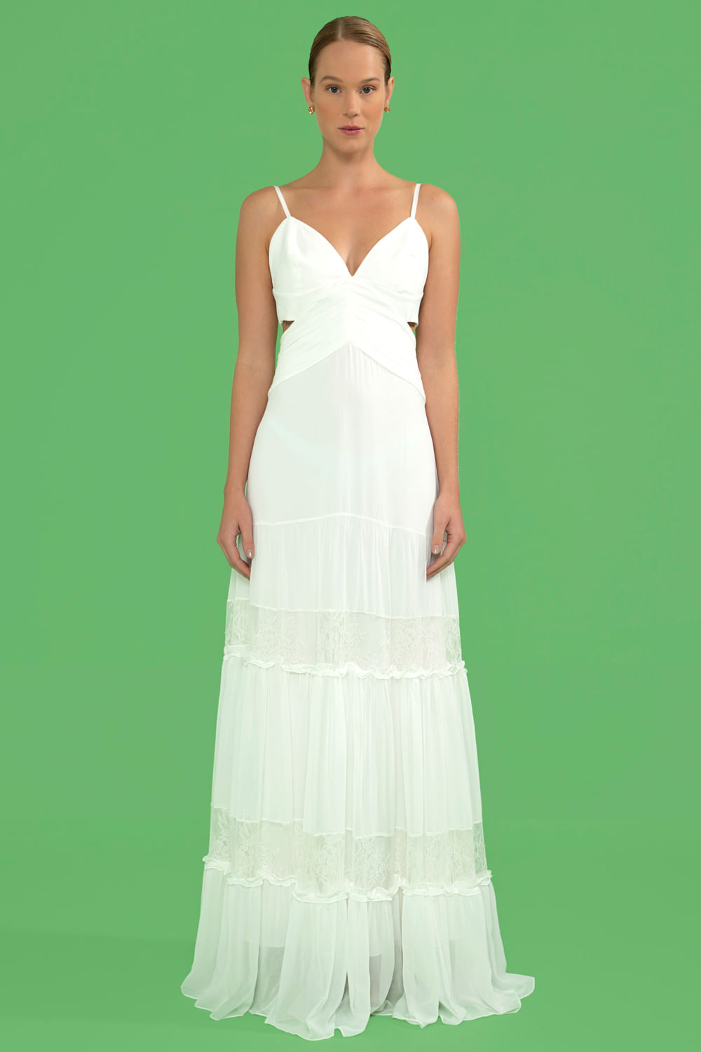 VESTIDO LONGO PREGAS CHIFFON BLOOMING  OFF WHITE