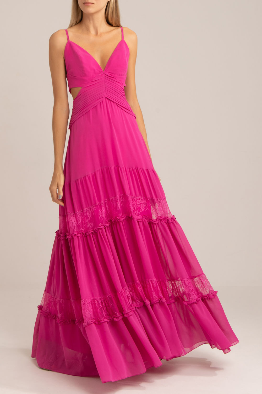 VESTIDO LONGO PREGAS CHIFFON BLOOMING  PINK