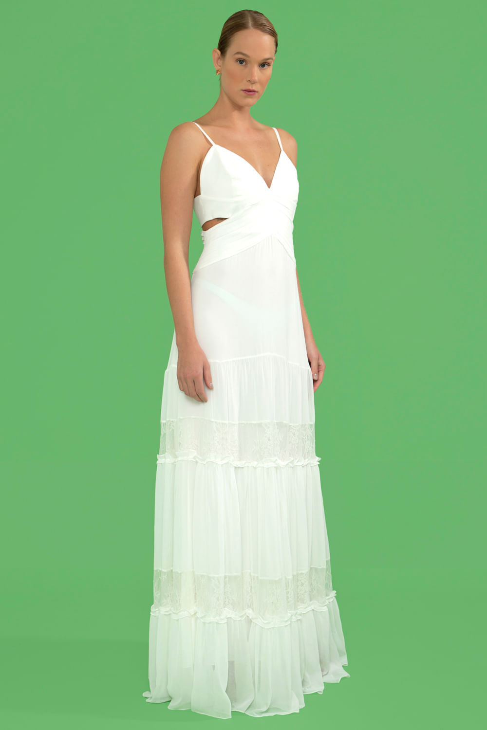 VESTIDO LONGO PREGAS CHIFFON BLOOMING  OFF WHITE
