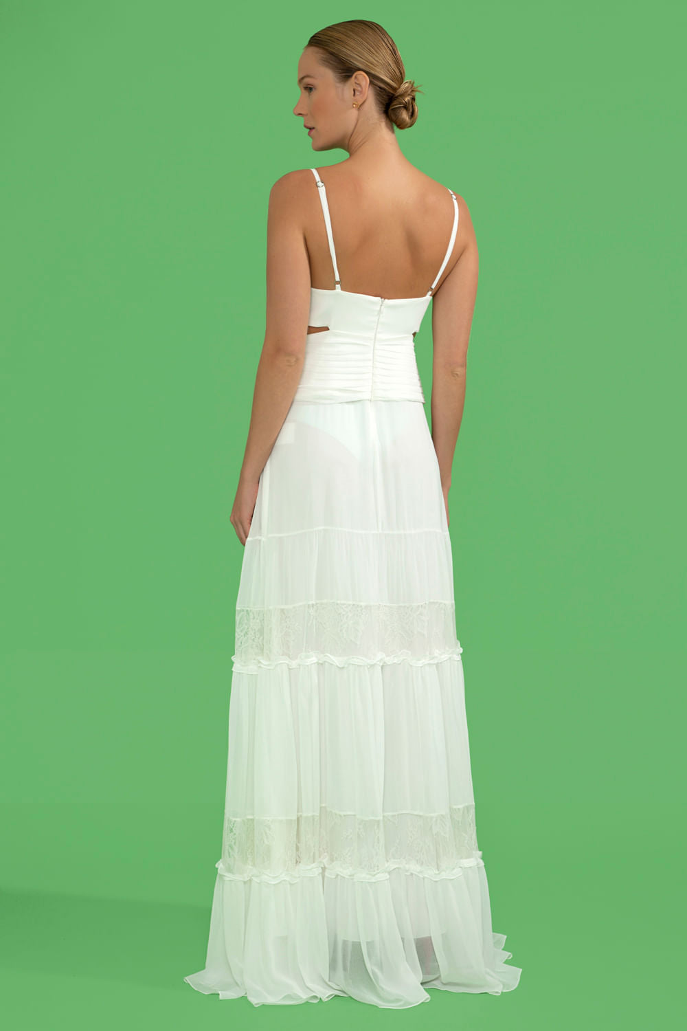 VESTIDO LONGO PREGAS CHIFFON BLOOMING  OFF WHITE