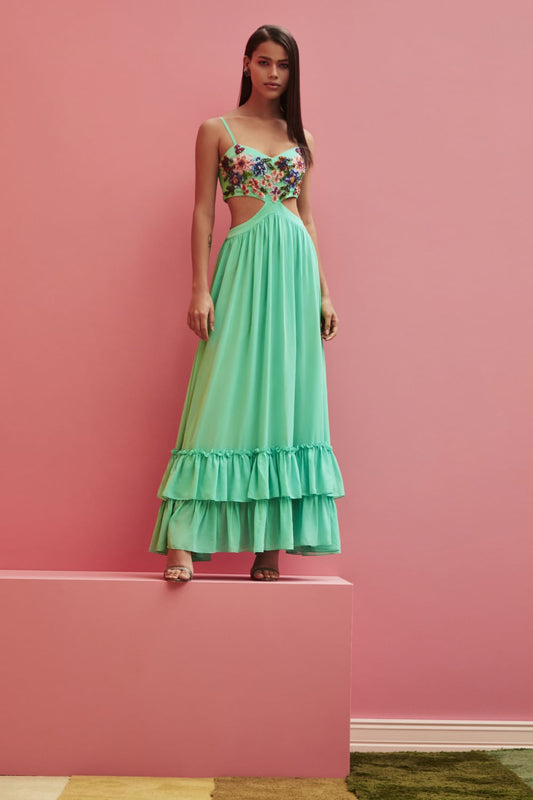 Vestido longo bordado chiffon blooming  azul